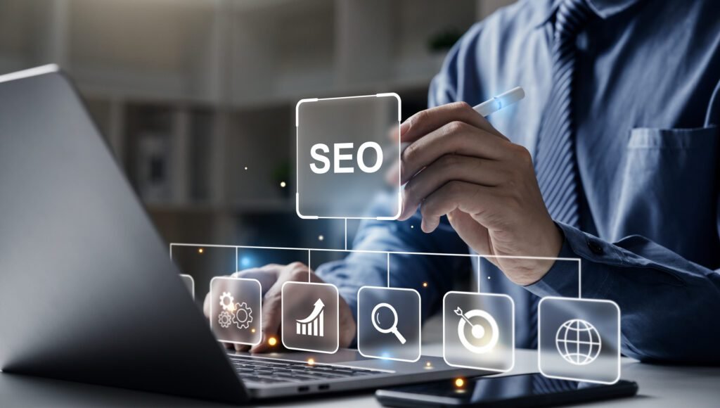 Hand of businessman holding a pen pointing to SEO screen.