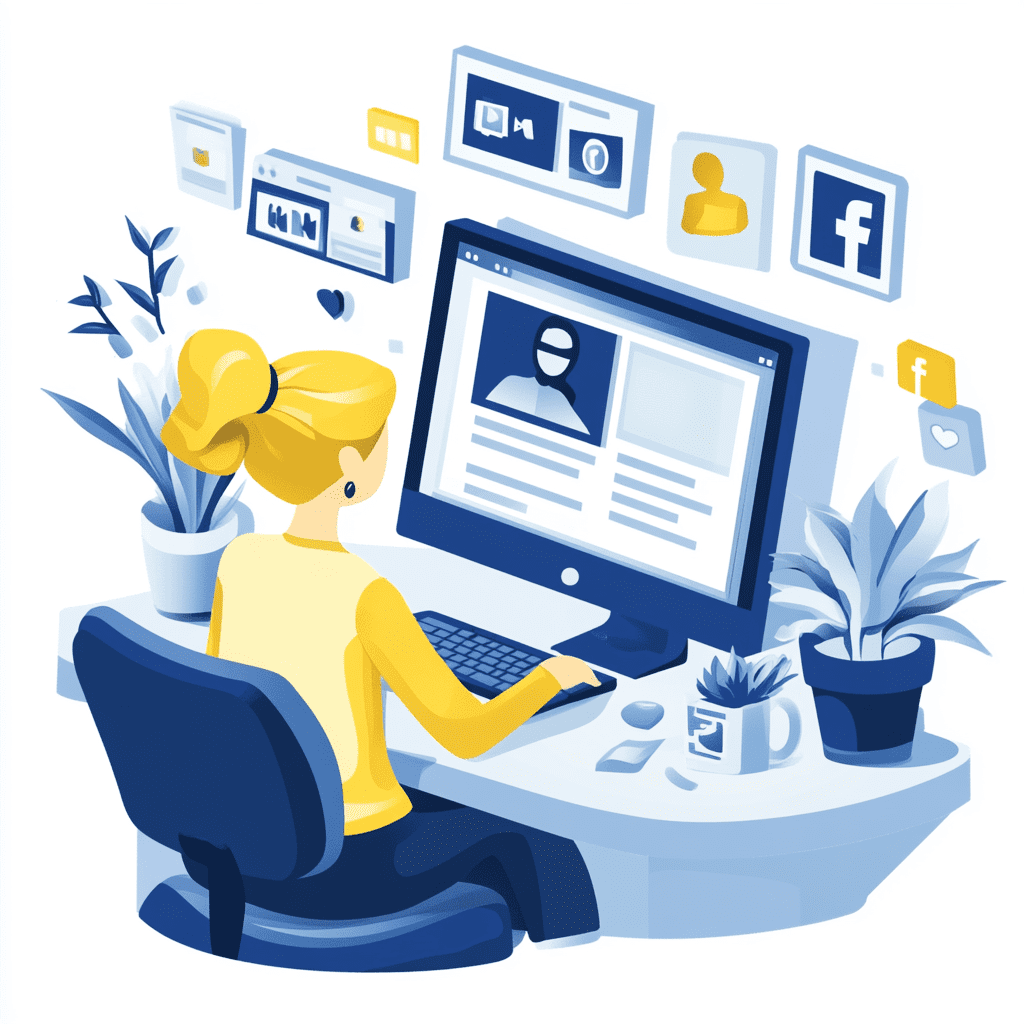 Vector image of a woman on a computer conducting meta ads