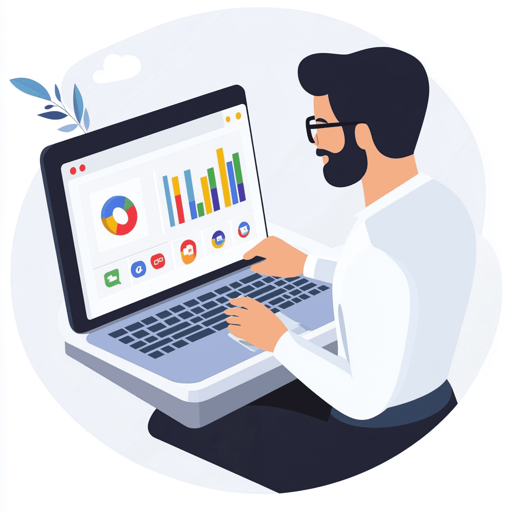 Vector image of a man working on Microsoft ads on a laptop