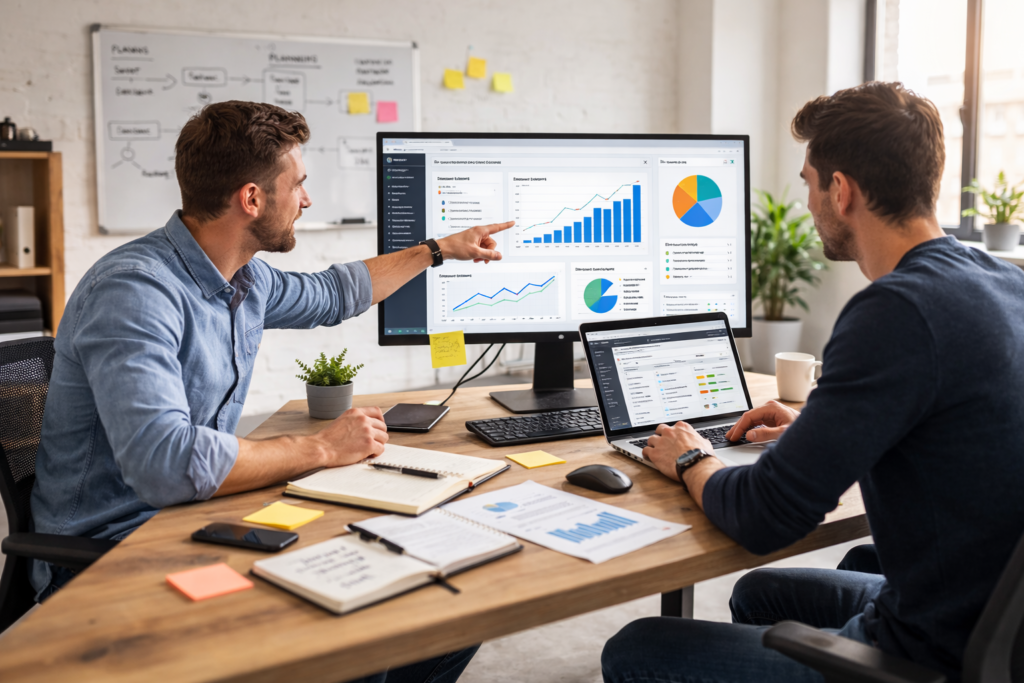 AI SEO agency team developing a data-driven search strategy using analytics dashboards