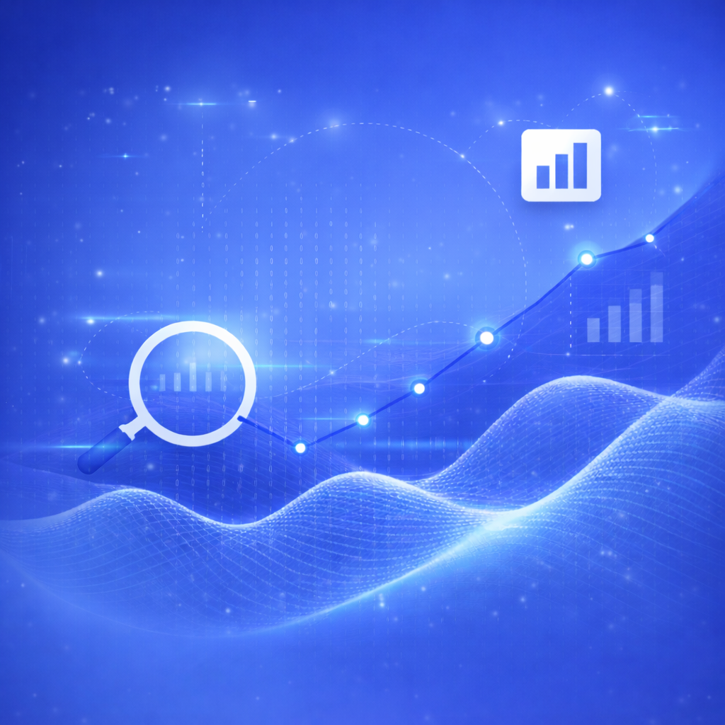 AI data analysis visualisation representing data-driven SEO strategy and search performance growth