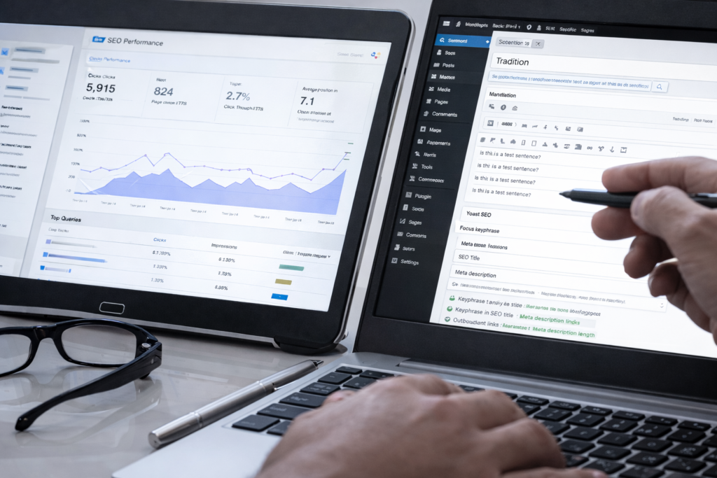 AI SEO agency analysing search performance data and optimising content in the WordPress backend