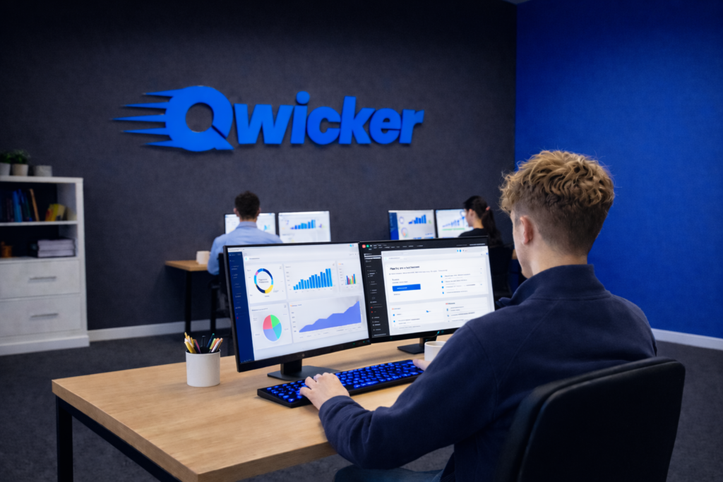 AI SEO agency team analysing search data and website performance dashboards in the Qwicker Marketing office